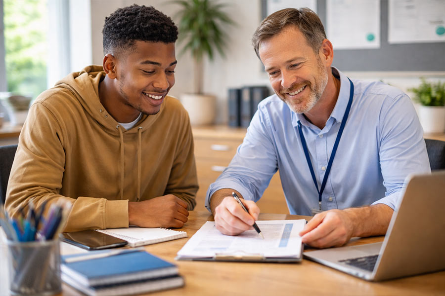 Advisor and student reviewing an academic plan together