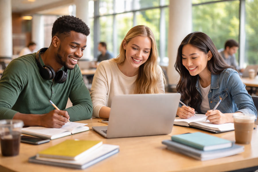 Students studying together in a bright campus learning space