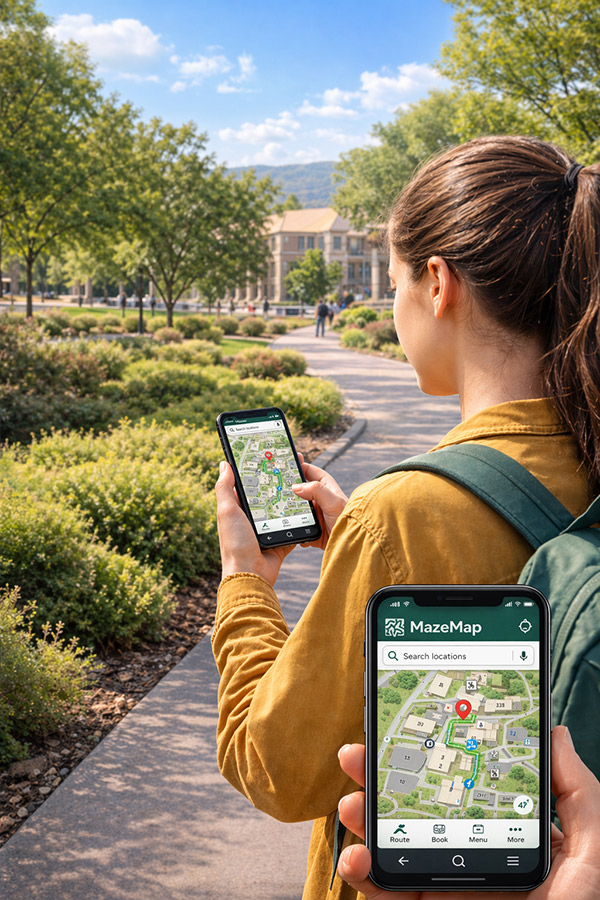 Student using smartphone to navigate Yavapai College campus map