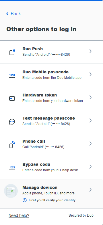 Duo prompt displaying alternate verification options and device management