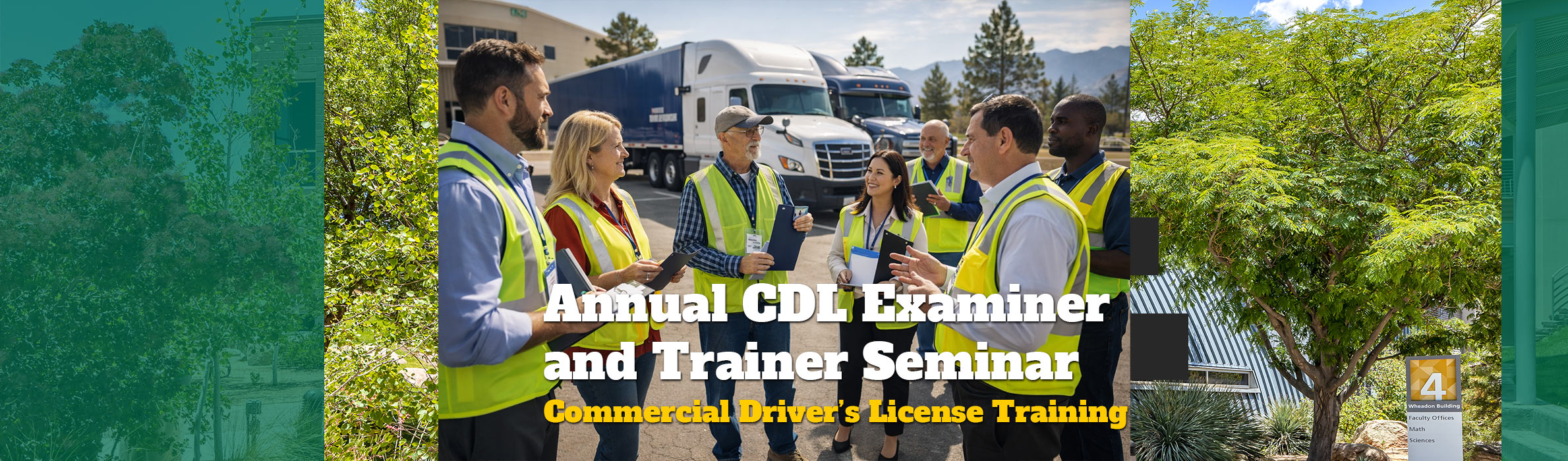 people standing in safety vests looking at semi tractor trailers.