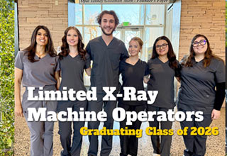 9 grads standing in medical scrubs group photo