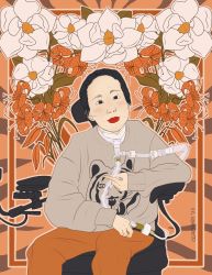 Digital portrait of an east asian woman who has black hair pulled back. She is wearing red lipstick, a tiger themed gray sweatshirt, and orange pants as she has a trach in her neck that is attached to a device that she is holding gently in her hands. She is sitting in her power wheelchair. The background is art nouveau inspired and tiger stripe themed with magnolias and tiger lilies and the color theme is mostly orange and black and white. Artist credit: Michaela Oteri