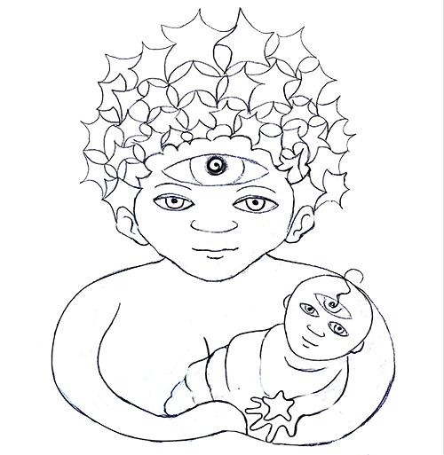Drawing of mother with child. Each have a third eye in their forehead.
