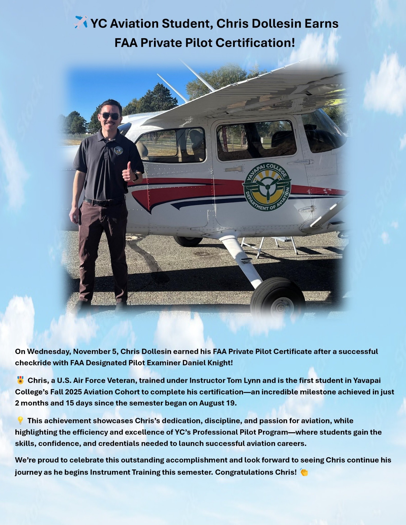 Chris Dollesin giving a thumbs-up beside a Yavapai College airplane.