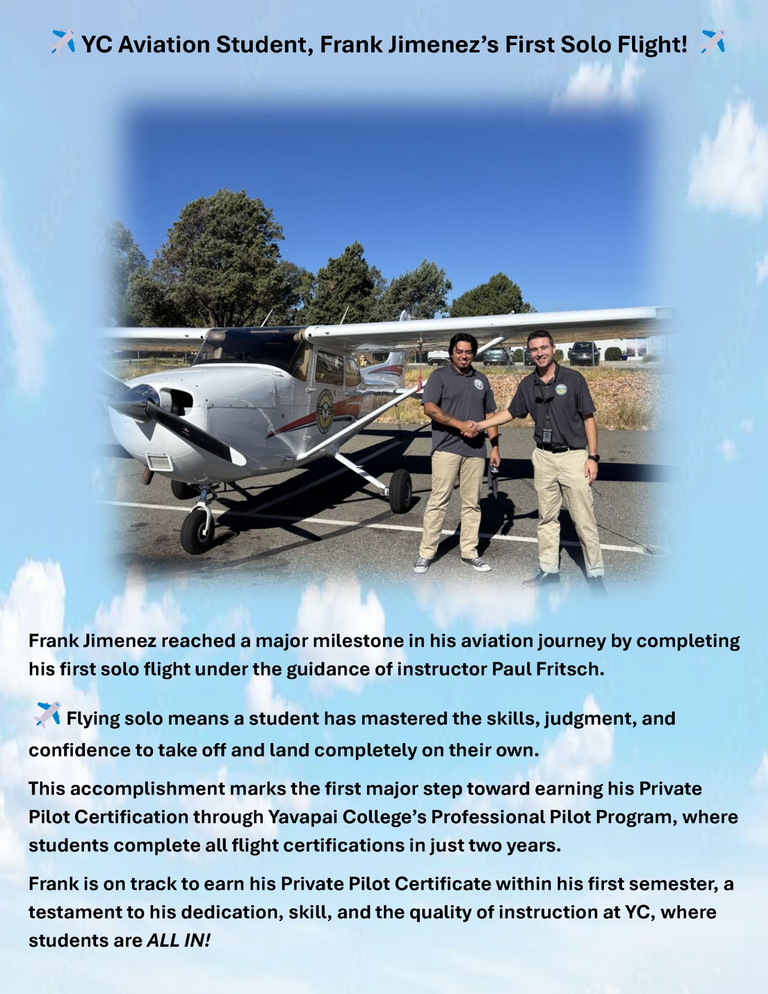 Frank Jimenez and instructor Paul Fritsch shaking hands beside a YC airplane.