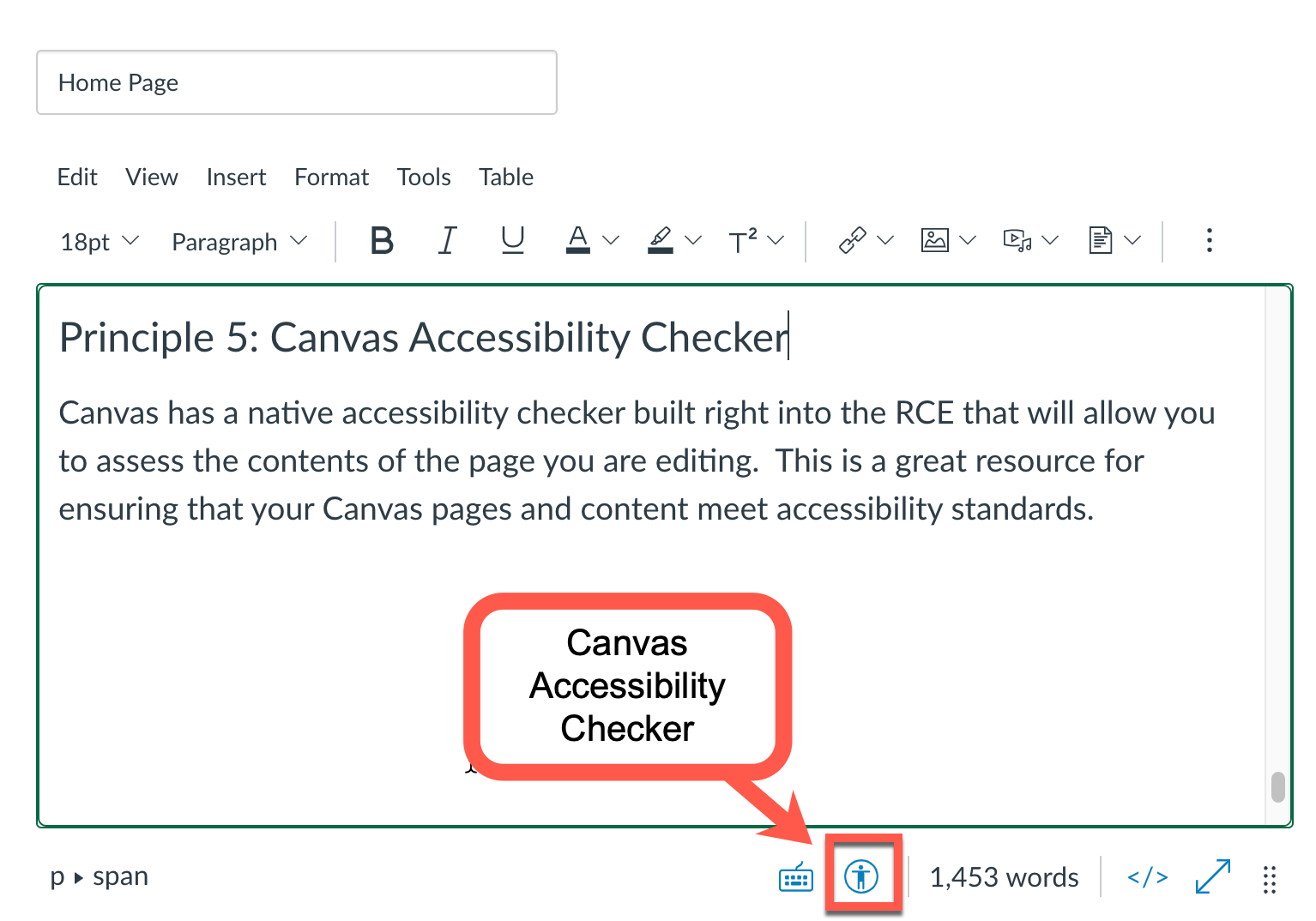 showing location of canvas accessibility checker