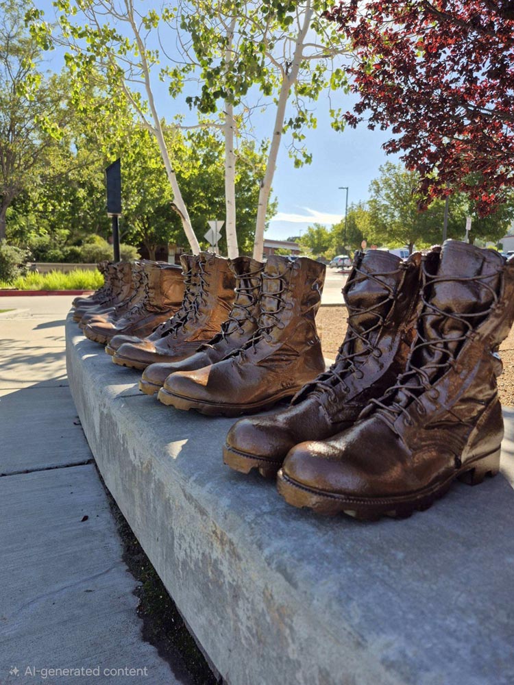 Memorial boots viewed from the opposite end of the bench.